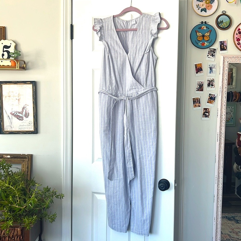 Old Navy Linen Striped Jumpsuit Ruffle Sleeves